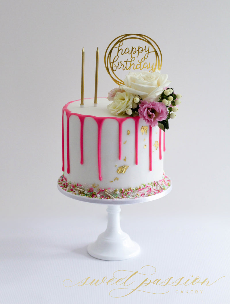 Pink Drip and Floral Cake